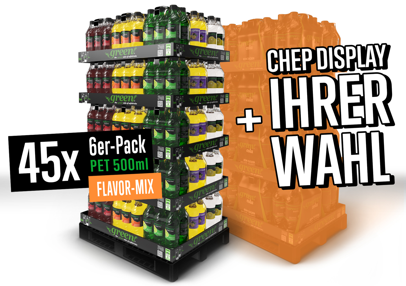 Green Flavour Chep Display-Duo – 45x 0,5L PET Flavour + Chep Display nach Wahl